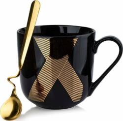 Mondex Cana, Affek Design Lola Gold, Negru, 550 ml, Portelanat, cu lingurita, cafea sau ceai (HTNF3770)