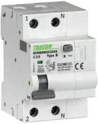 TRACON EVOBKM2C2503 Kombinált védőkapcsoló, 2P, 3modul, C karakterisztika C25A, 30 mA, 6kA, B (EVOBKM2C2503)
