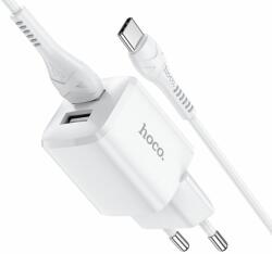 Töltő: HOCO N8 - 2xUSB portos fehér hálózati töltőfej 2, 4A + USB / Type-C (USB-C) kábel (1m)