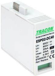 Tracon ESPD2-DC40-600VGO T2 DC típusú VG túlfeszültséglevezető betét 600V Ucpv: 800V, In: 20kA, Imax: 40kA, Up: 2, 6kV, Var+GTD (ESPD2-DC40-600VGO)