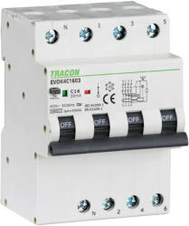 TRACON EVOK4C603 Kombinált védőkapcsoló, 4P, 4modul, C karakterisztika C6A, 30 mA, 10kA, A (EVOK4C603)