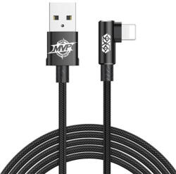  USB töltő- és adatkábel, Lightning, 100 cm, 2000 mA, gyorstöltés, 90 fokos/derékszögű, cipőfűző minta, Baseus MVP, CALMVP-01, fekete - tok-shop