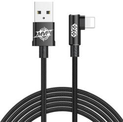USB töltő- és adatkábel, Lightning, 100 cm, 2000 mA, gyorstöltés, 90 fokos/derékszögű, cipőfűző minta, Baseus MVP, CALMVP-01, fekete