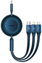 USB Type-C töltő- és adatkábel 3in1, USB Type-C, Lightning, microUSB, 110 cm, 100W, 3500 mA, gyorstöltés, lapos, feltekerhető, Baseus Bright Mirror 2, CAMJ010203, kék