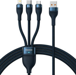 USB töltő- és adatkábel 3in1, USB Type-C, Lightning, microUSB, 120 cm, 6000 mAh, 66 W, törésgátlóval, gyorstöltés, cipőfűző minta, Baseus Flash Series 2, CASS040003, sötétkék - tok-shop