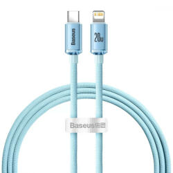 USB Type-C töltő- és adatkábel, Lightning, 120 cm, 20W, gyorstöltés, PD, cipőfűző minta, Baseus Crystal Shine, CAJY001303, világoskék