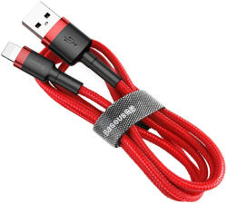 USB töltő- és adatkábel, Lightning, 50 cm, 2400 mA, törésgátlóval, gyorstöltés, cipőfűző minta, Baseus Cafule, CALKLF-A09, piros