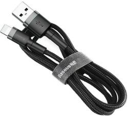 USB töltő- és adatkábel, Lightning, 50 cm, 2400 mA, törésgátlóval, gyorstöltés, cipőfűző minta, Baseus Cafule, CALKLF-AG1, fekete/szürke