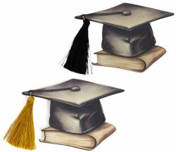  Nyomtatott fa tábla - Diplomaosztó kalap arany-fekete bojttal 8cm 2db/csomag