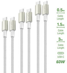 4smarts PremiumCord USB-C - USB-C kábel szett, 60W, 3x0.5M+1.5M+3M fehér / ezüst (4S540621)