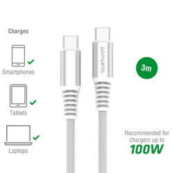 4smarts PremiumCord USB Type-C / USB Type-C töltő- és adatkábel, 100W, 3m, fehér (4S540494) - speedshop