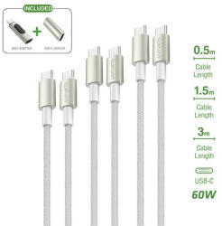  4smarts PremiumCord USB-C kábel szett adapterrel, átalakítóval, 60W, fehér / silver