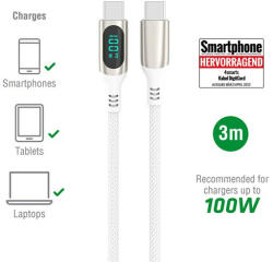 4smarts DigitCord USB-C kábel, 100W, 3m, fehér