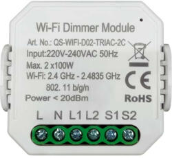  M0L0 Tuya QS-WIFI-D02-TRIAC-2C 2-soros mikromodul világítás dimmer, WiFi, Alexa és Google Home kompatibilis