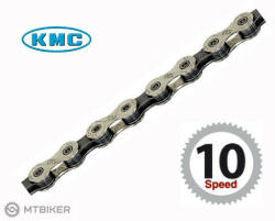 KMC X 10 lánc, 10-seb. , 116 szem + patentszem, ezüst/fekete, gyártáshoz csomagolva