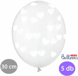 PartyDeco S. r. o Átlátszó lufi fehér szívekkel díszítve, 30cm, 5 db/cs
