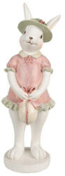 Clayre & Eef Fehér nyuszilány rózsaszín ruhában, kalapban, masnis tojással, 9x9x26cm, húsvéti dekorfigura (6PR4999)