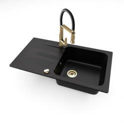 NERO Malta + kiemelhető zuhanyfejes Vegas arany/fekete mosogató csaptelep + dugóemelő (matt fekete)