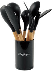 Cheffinger Set de ustensile pentru bucatarie Cheffinger UT10 cu suport, 10 piese, acoperire antiaderenta, Bambus, Rezistent la caldura, fara BPA, Negru (Cheffinger UT10)