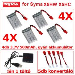 SYMA X5HC/HW-30 5: 1 töltő+ 4db gyári akku 500mAh. +5db. konvertáló kábel