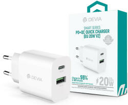 DEVIA hálózati töltő adapter Type-C + USB bemenettel - 20W - Devia Smart Series PD3.0 + QC3.0 Quick Charger V2 - fehér - nextelshop