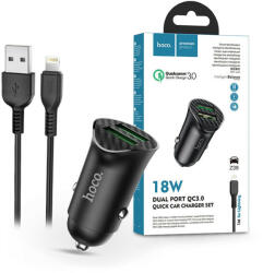 hoco. 2xUSB szivargyújtó töltő adapter + USB - Lightning kábel 1 m-es vezetékkel - HOCO Z39 Dual Port QC3.0 Quick Car Charger Set - 18W - fekete