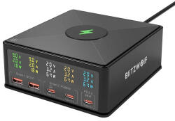 BlitzWolf BlitzWolf® 868H 160W asztali USB PD+QC3.0 gyorstöltő, 3x Type-C + 2x USB- A + Qi vezeték nélküli töltőport
