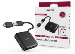 Hama USB-A / Type-C elosztó HUB 4x USB-A bemenettel - HAMA HUB + USB-C Adapter -fekete - akcioswebaruhaz