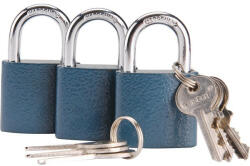 EXTOL biztonsági vas lakat klt. , 38mm, 3 db lakat+6 db kulcs, univerzális kulcsok: egy kulcs jó mindhárom lakathoz (93101)