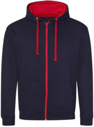 Just Hoods Uniszex pulóver kontrasztos színű cipzárral kapucnival AWJH053, New French Navy/Fire Red-L (awjh053fnv-fr-l)