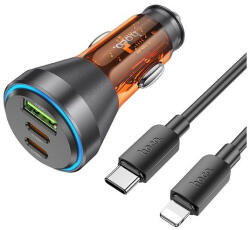 hoco. NZ12D autós töltő USB QC 18W + 2 x Type-C 30W, + Type C - Lightning kábel, (PD60W) átlátszó / narancssárga - pixelrodeo