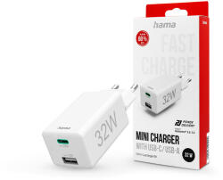 Hama hálózati töltő adapter Type-C + USB bemenettel - 32W - HAMA Mini Fast Charge PD3.0 + QC3.0 - fehér - rexdigital