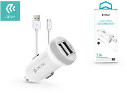 DEVIA 2xUSB szivargyújtó töltő adapter + USB - Type-C kábel 1 m-es vezetékkel - 5V/3, 1A - Devia Smart Series Car Charger Suit - fehér - rexdigital