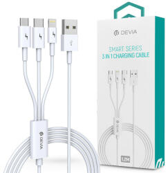 DEVIA USB töltőkábel 1, 2 m-es vezetékkel - Devia Smart Series 3in1 for Lightning/micro USB/Type-C - 2A - fehér - rexdigital