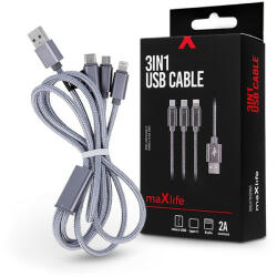 MaxLife USB töltő- és adatkábel 1 m-es vezetékkel - Maxlife 3in1 for Lightning/microUSB/Type-C USB Cable - 5V/2A - ezüst - rexdigital