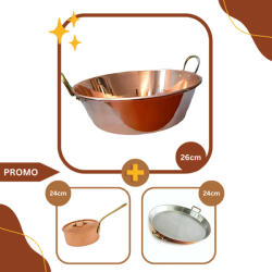 Fabricadetuica Pachet TopChef, Ceaun din Cupru Masiv 26cm + Cratita din Cupru 24cm + Tigaie Paella 24cm cu Manere din Bronz