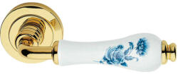 Linea Cali Dalia fényes réz körrozettás kilincsgarnitúra kék virágos fehér porcelánnal 600 RB 103 BB