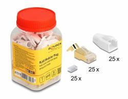 Delock RJ45 Moduláris csatlakozó feszültség mentesítővel és hajlítás védő papucsokkal Cat. 7 kerekkábelekhez 25 db. -os szett (67018)
