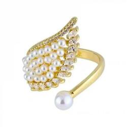 Eva Grace Inel Leda Wing, auriu, decorat cu pietre din zirconiu si perle, reglabil - Colectia Universe of Pearls