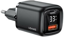 USAMS T46 hálózati töltő USB-A + USB-C aljzat (5V/3A, 33W, PD gyorstöltő 3.0, LED kijelző) fekete (CC152TC01)