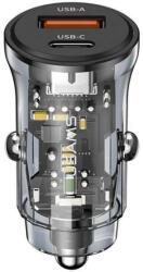 USAMS C32 autós töltő USB-A + USB-C aljzat (5V/3A, 30W, PD gyorstöltő) fekete (CC164CC01)
