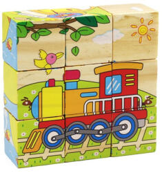  Set 9 cuburi din lemn cu puzzle mijloace de transport (100733)