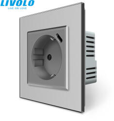 LIVOLO C7724S LIVOLO dugalj - konnektor 250V 16A 2P+F + USB type-C QC-PD 18W fali töltőaljzat ezüst kristályüveg (C7724S)
