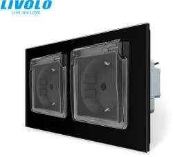 LIVOLO C72723WFB LIVOLO csavarmentes IP44 vízmentes dupla dugalj 2P+F 16A 250V, fekete kristályüveg (C72723WFB)