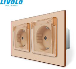 LIVOLO C72721WFG LIVOLO földelt IP44 vízmentes kettes dugalj konnektor 2P+F 16A 250V, arany üvegkeret (C72721WFG)