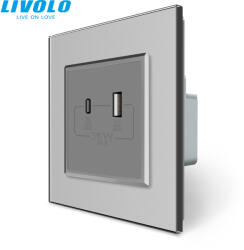 LIVOLO C77USBACS LIVOLO QC-PD 36W USB A+type-C fali töltőaljzat ezüst kristályüveg (C77USBACS)