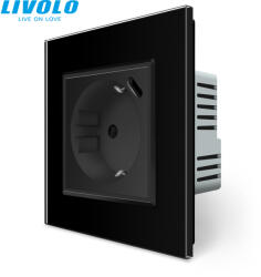 LIVOLO C7724B LIVOLO dugalj - konnektor 250V 16A 2P+F + USB type-C QC-PD 18W fali töltőaljzat fekete kristályüveg (C7724B)