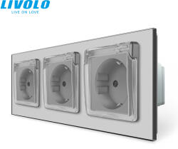 LIVOLO C73721WFS LIVOLO földelt IP44 vízmentes hármas dugalj konnektor 2P+F 16A 250V, ezüst üvegkeret (C73721WFS)