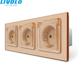 LIVOLO C73721WFG LIVOLO földelt IP44 vízmentes hármas dugalj konnektor 2P+F 16A 250V, arany üvegkeret (C73721WFG)