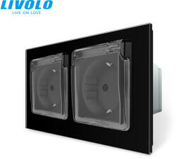 LIVOLO C72721WFB LIVOLO földelt IP44 vímentes kettes dugalj konnektor 2P+F 16A 250V, fekete üvegkeret (C72721WFB)